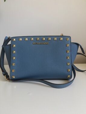 Michael Kors Blue Saffiano Leather Crossbody with Gold Studs
